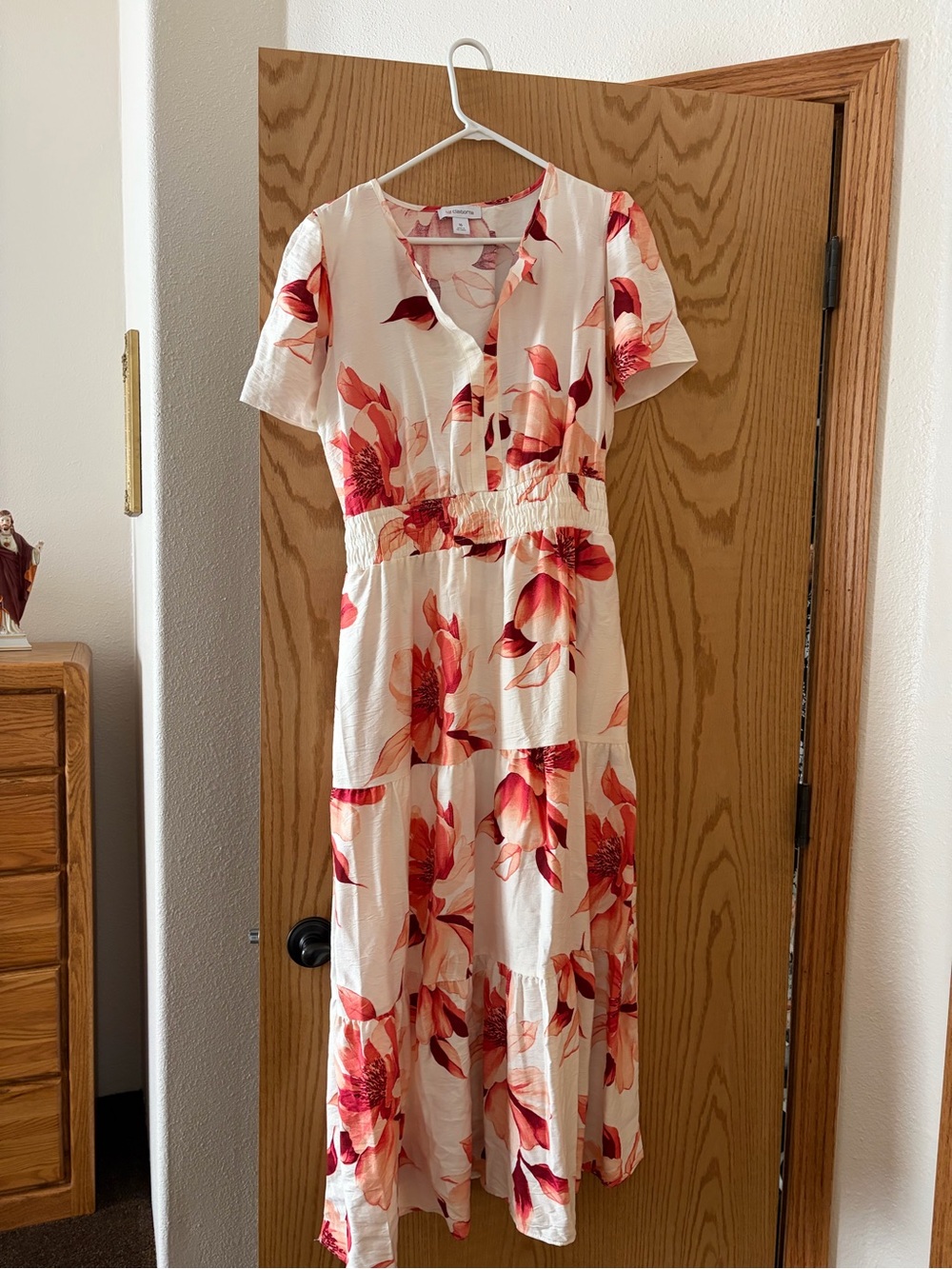 Liz Claiborne Cream Midi Dress with Red Floral Print